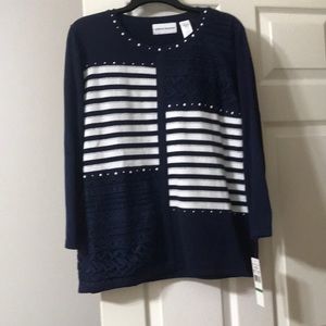 NWT Alfred Dunner beaded navy, white, silver sweater.  Size L.